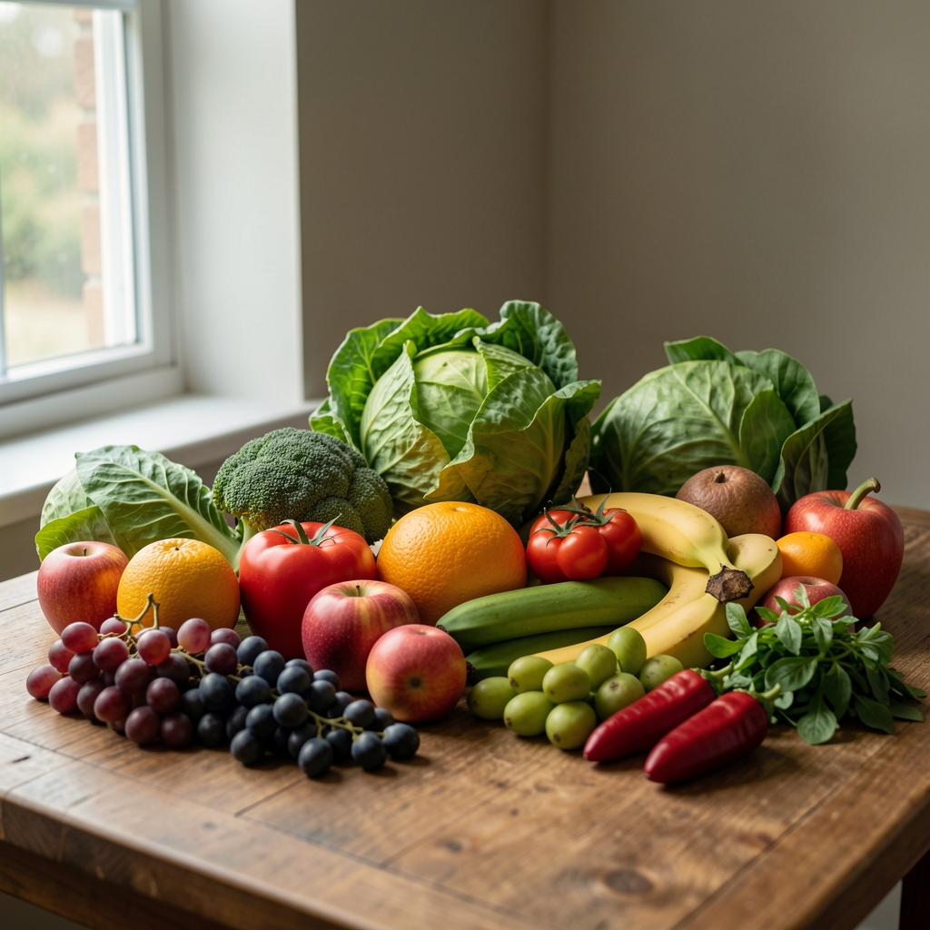 Fruit and vegetable selection arranged in editorial composition under natural window light on a wooden surface
